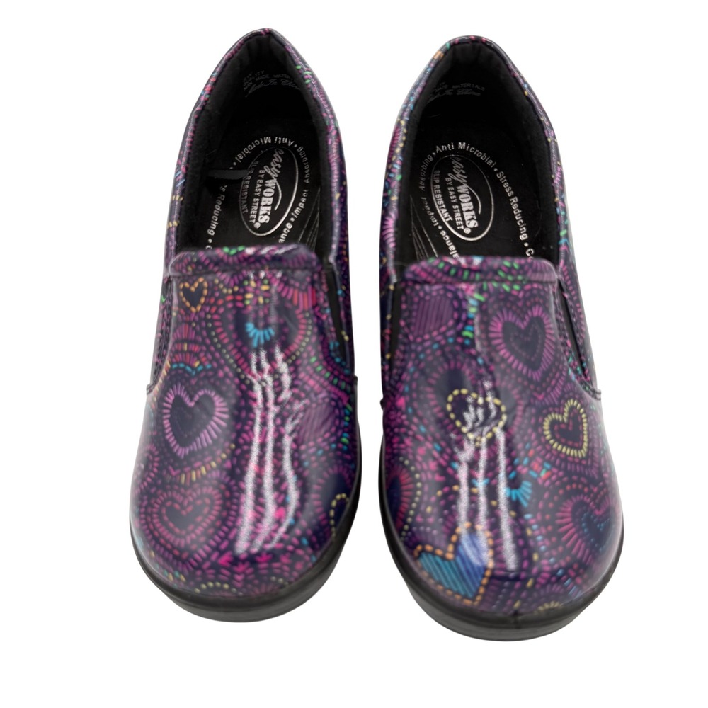 Easy Works by Easy Street Purple Heart Print Clogs Slip Resistant Womens 8W